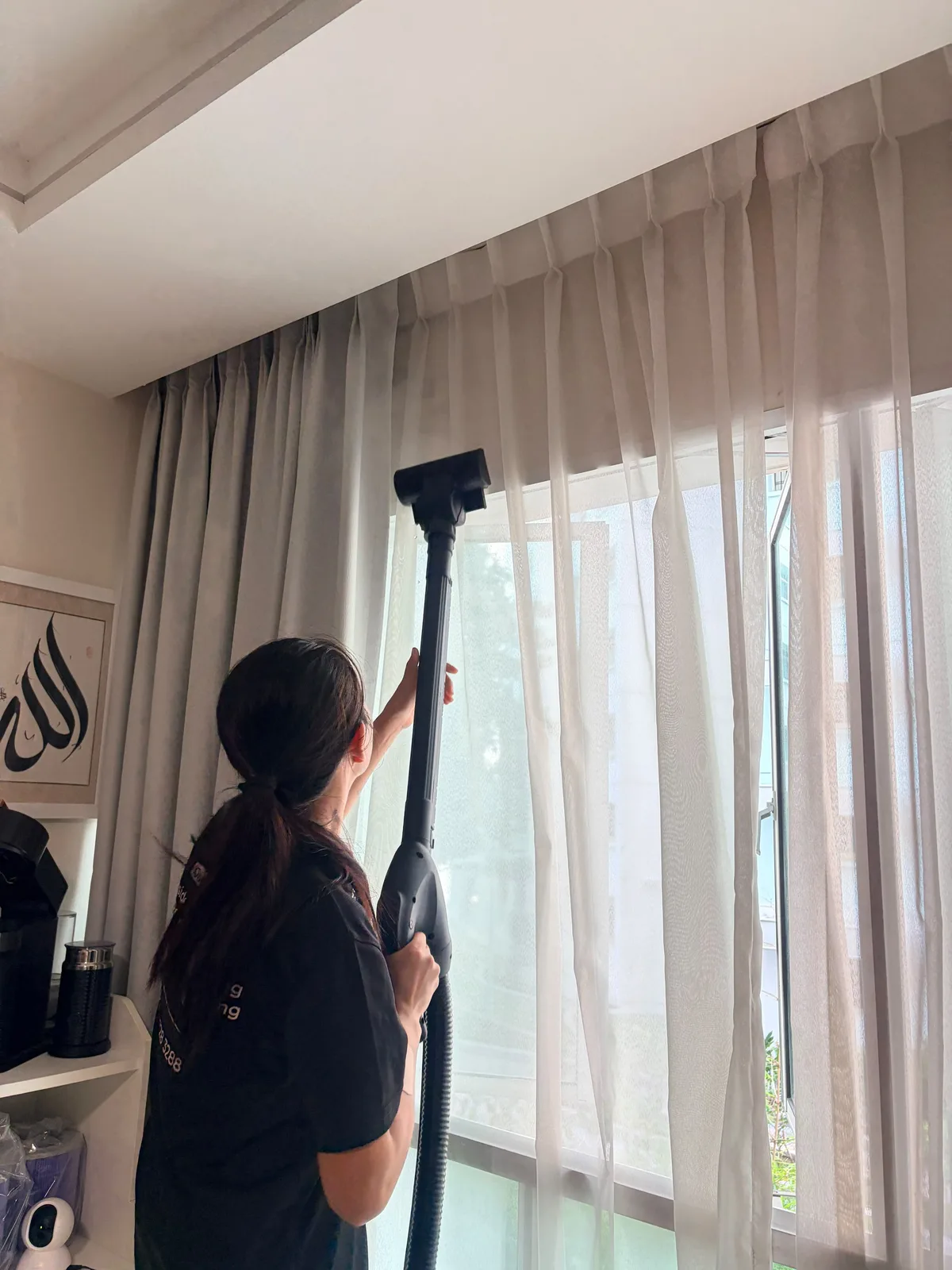 Curtain deep cleaning in progress โ full drop treated thoroughly