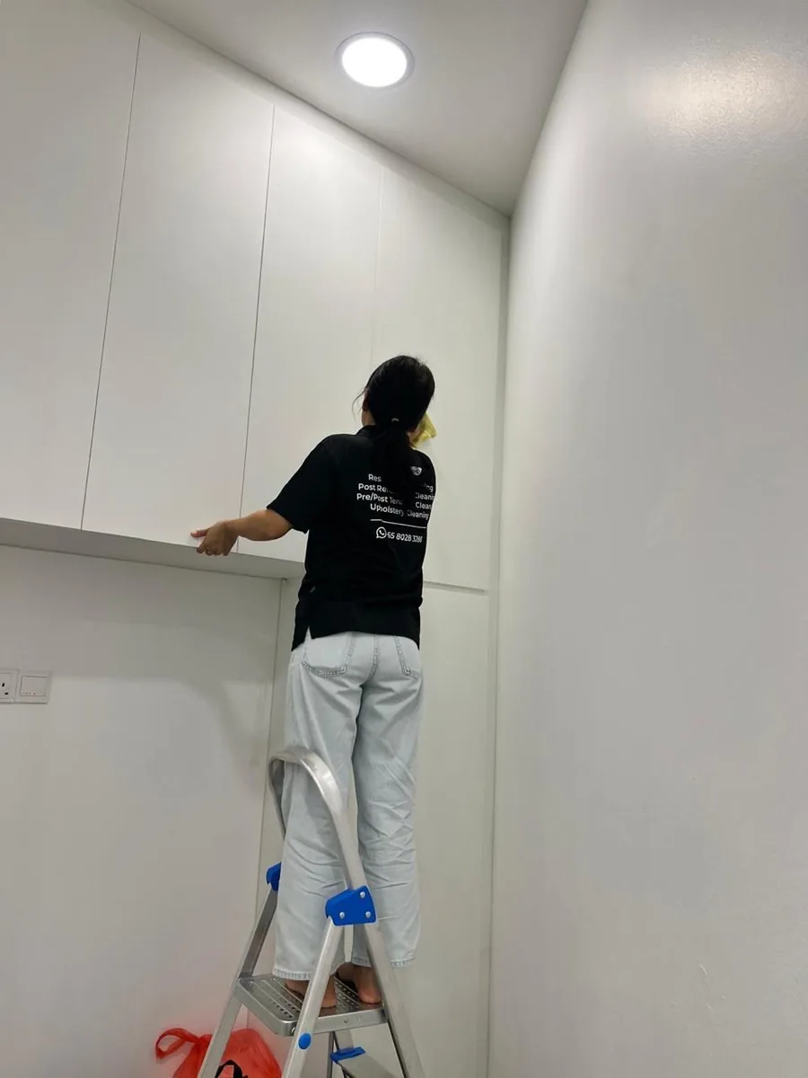 Office cleaning — cabinet interior clean on stepladder, reaching every shelf
