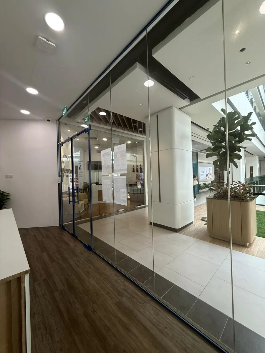 Glass facade and corridor — clean after professional office clean