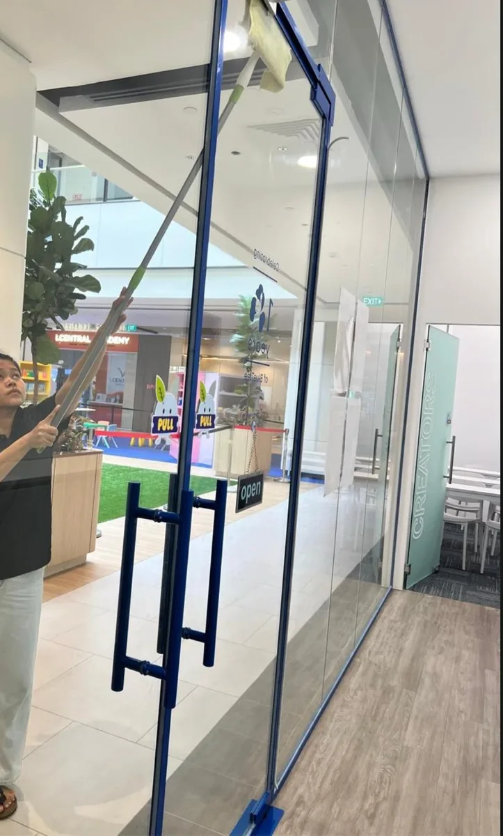 Entrance glass door cleaning with long-reach mop — exterior clean