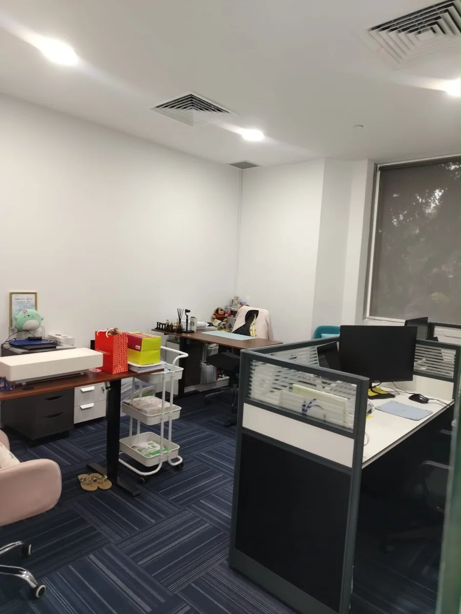Office workspace with cubicle partitions — after professional clean
